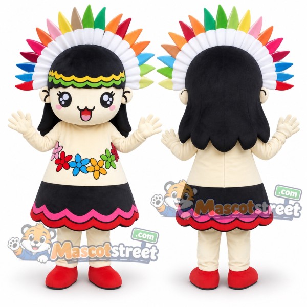 Girl in Feathered Headdress Mascot Costume with Black Dress with Red Trim