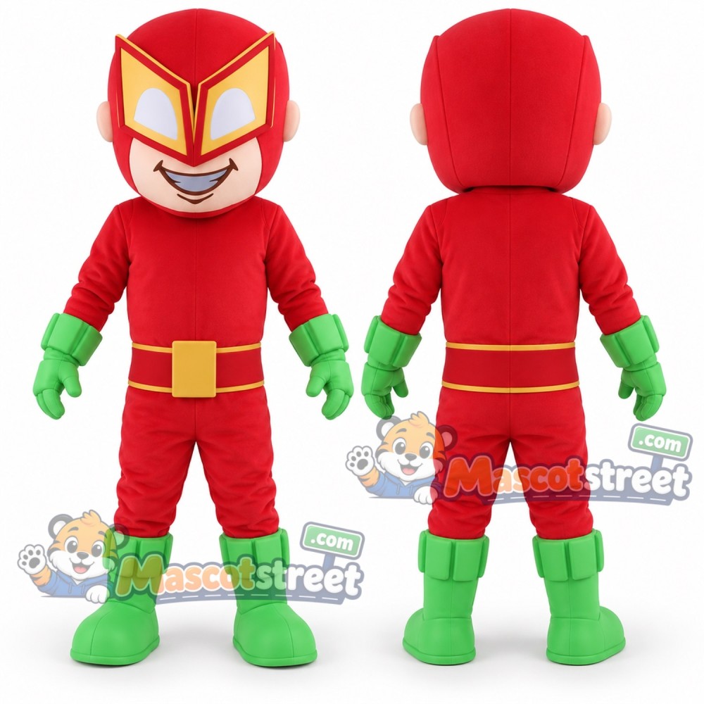 Red Robot Superhero Mascot Costume with Red Suit and Green Gloves Red Robot Superhero Mascot Costume with Red Suit and Green Gloves