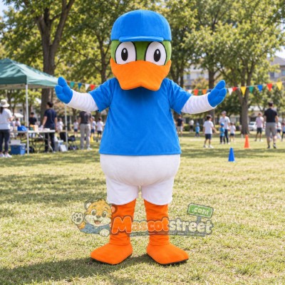 Duck Mascot Costume with Blue Shirt and Blue Cap Duck Mascot Costume with Blue Shirt and Blue Cap