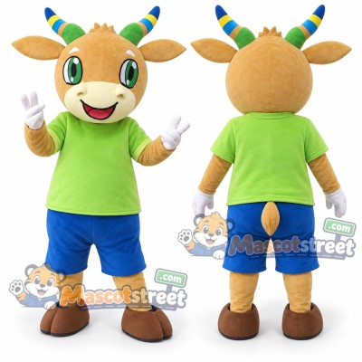 Tan Goat Mascot Costume with Green Shirt and Blue Shorts