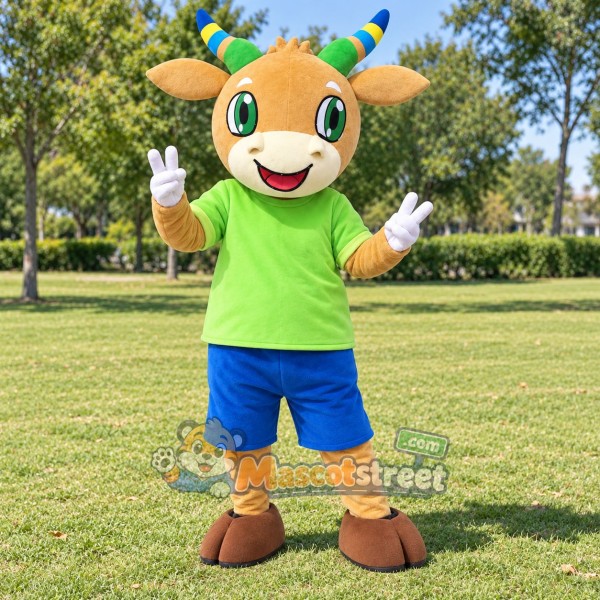 Tan Goat Mascot Costume with Green Shirt and Blue Shorts