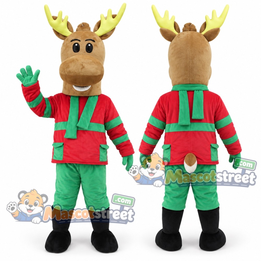 Brown Reindeer Mascot Costume with Green and Red Christmas Outfit