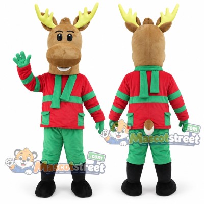 Brown Reindeer Mascot Costume with Green and Red Christmas Outfit