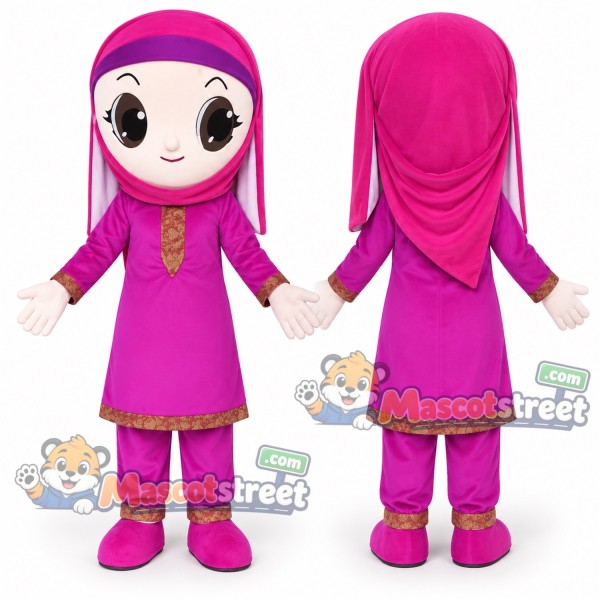 Girl in Magenta Headscarf Mascot Costume with Magenta Tunic and Pants