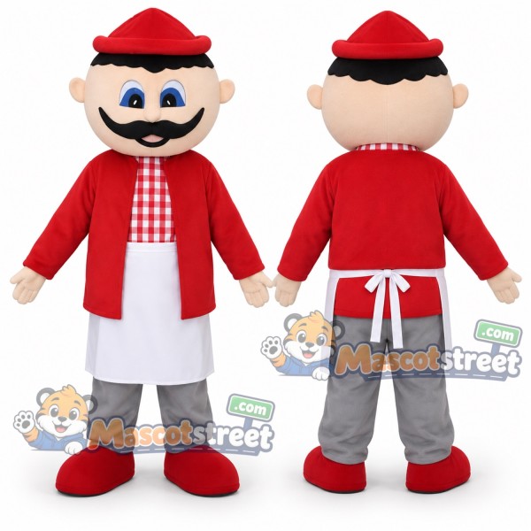 Mustached Man Mascot Costume with Red Jacket, White Apron, Gray Pants and Red Cap