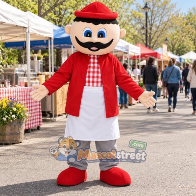 Mustached Man Mascot Costume with Red Jacket, White Apron, Gray Pants and Red Cap Mustached Man Mascot Costume with Red Jacket, White Apron, Gray Pants and Red Cap