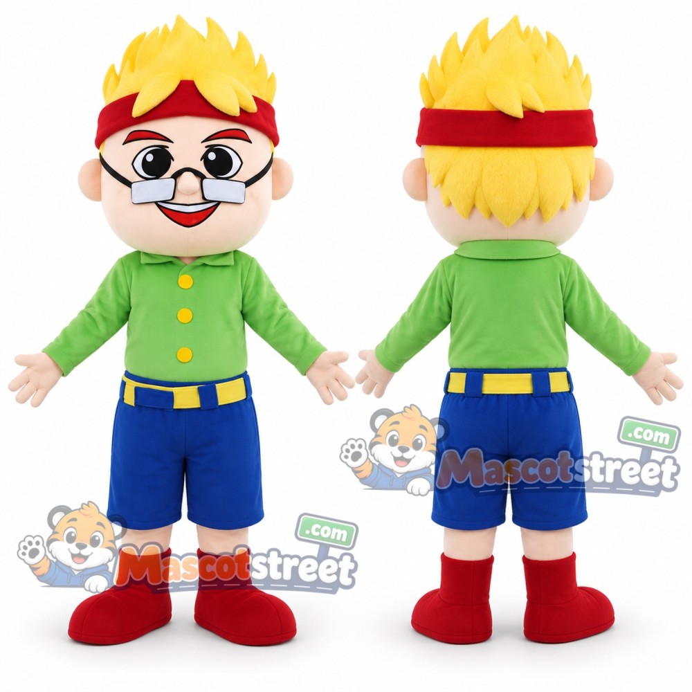 Blond Boy with Glasses Mascot Costume with Green Shirt, Blue Shorts and Red Headband Blond Boy with Glasses Mascot Costume with Green Shirt, Blue Shorts and Red Headband