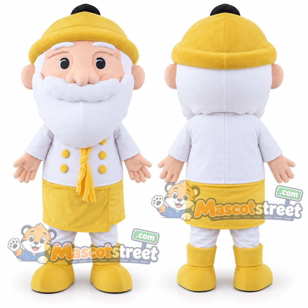 White Bearded Man Mascot Costume with Yellow Vest, Yellow Shorts and Yellow Cap White Bearded Man Mascot Costume with Yellow Vest, Yellow Shorts and Yellow Cap