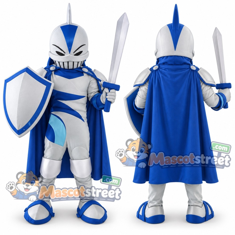 Knight Mascot Costume with Silver and Blue Armor, Blue Cape and Helmet Knight Mascot Costume with Silver and Blue Armor, Blue Cape and Helmet