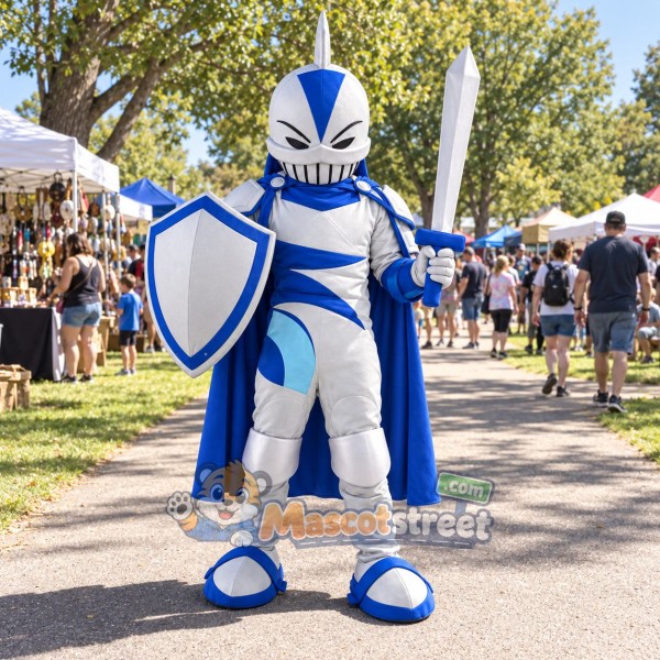 Knight Mascot Costume with Silver and Blue Armor, Blue Cape and Helmet Knight Mascot Costume with Silver and Blue Armor, Blue Cape and Helmet