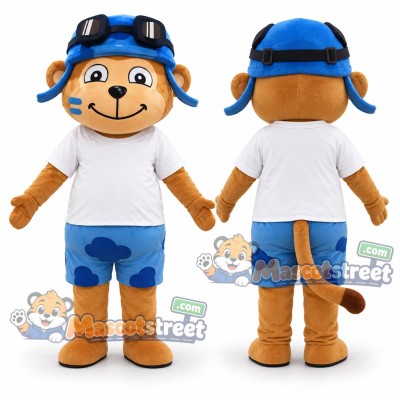 Brown Monkey Pilot Mascot Costume with White Shirt, Blue Shorts and Aviator Cap