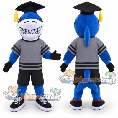 Blue Shark Graduate Mascot Costume with Gray Shirt, Black Shorts and Graduation Cap