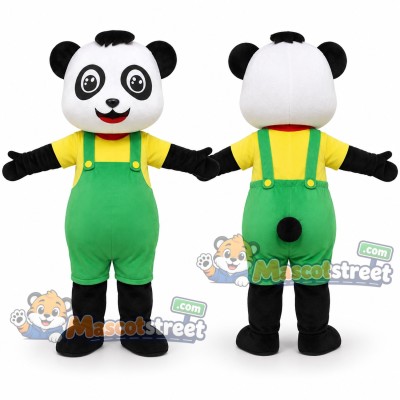 Panda Mascot Costume with Yellow Shirt and Green Overalls