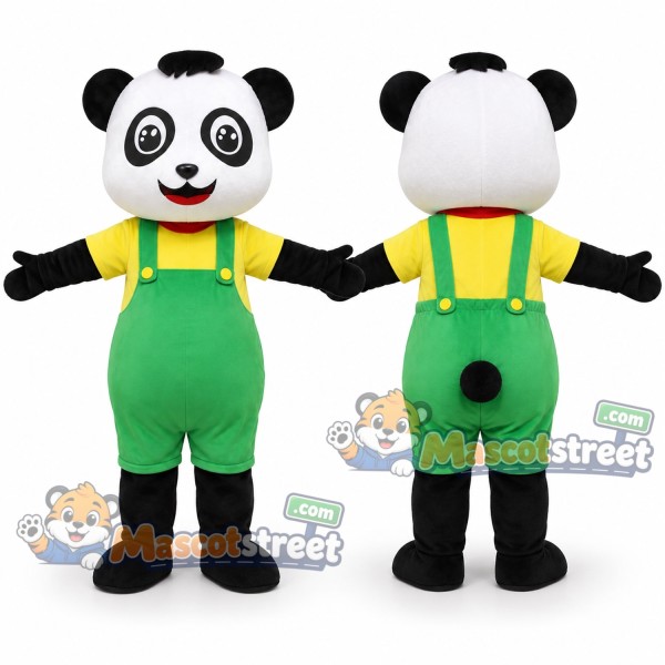 Panda Mascot Costume with Yellow Shirt and Green Overalls