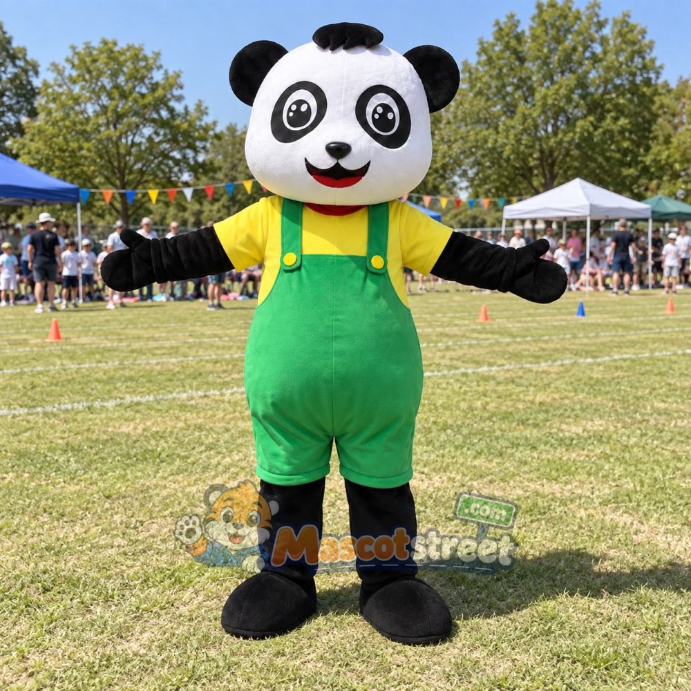 Panda Mascot Costume with Yellow Shirt and Green Overalls Panda Mascot Costume with Yellow Shirt and Green Overalls