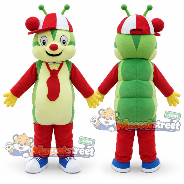 Green Caterpillar Mascot Costume with Red Outfit and Tie