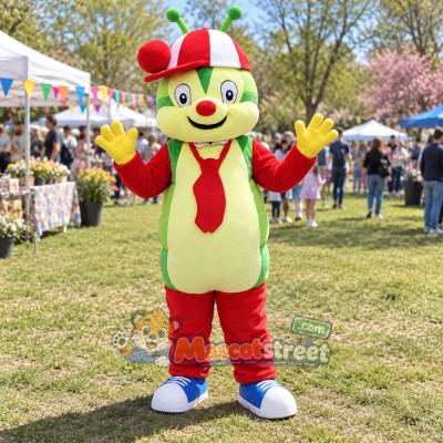 Green Caterpillar Mascot Costume with Red Outfit and Tie
