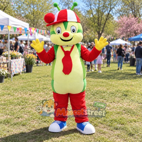 Green Caterpillar Mascot Costume with Red Outfit and Tie Green Caterpillar Mascot Costume with Red Outfit and Tie