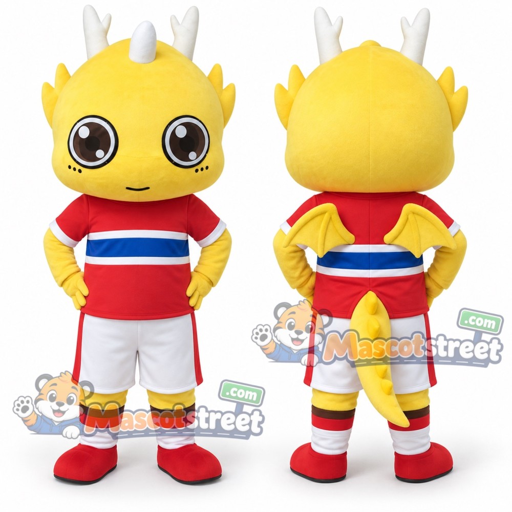 Yellow Dragon Mascot Costume with Red Sports Shirt and White Shorts Yellow Dragon Mascot Costume with Red Sports Shirt and White Shorts