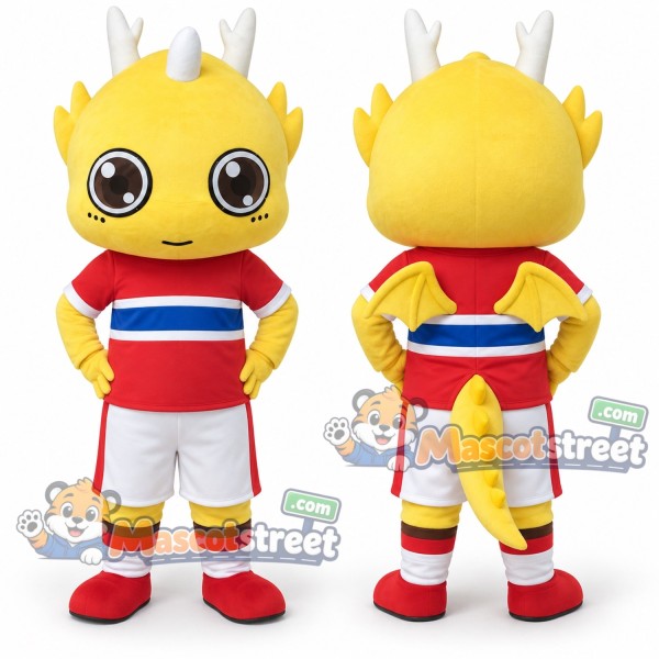 Yellow Dragon Mascot Costume with Red Sports Shirt and White Shorts