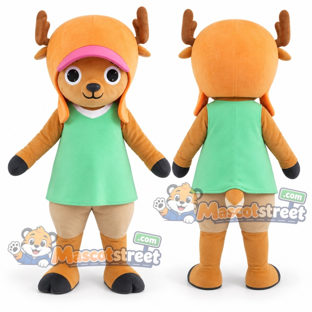 Tan Deer Mascot Costume with Green Dress and Pink Visor Tan Deer Mascot Costume with Green Dress and Pink Visor