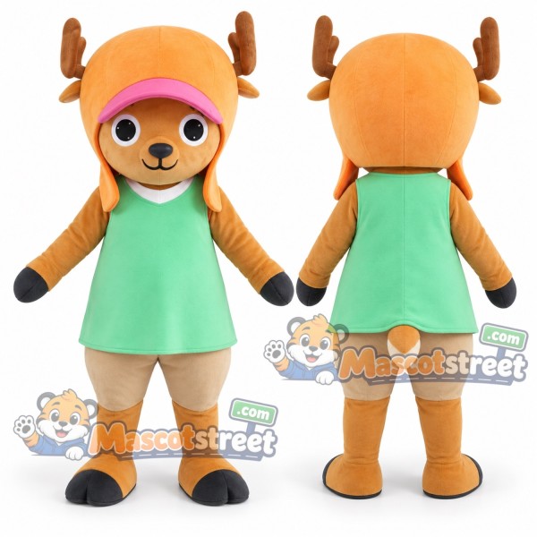 Tan Deer Mascot Costume with Green Dress and Pink Visor