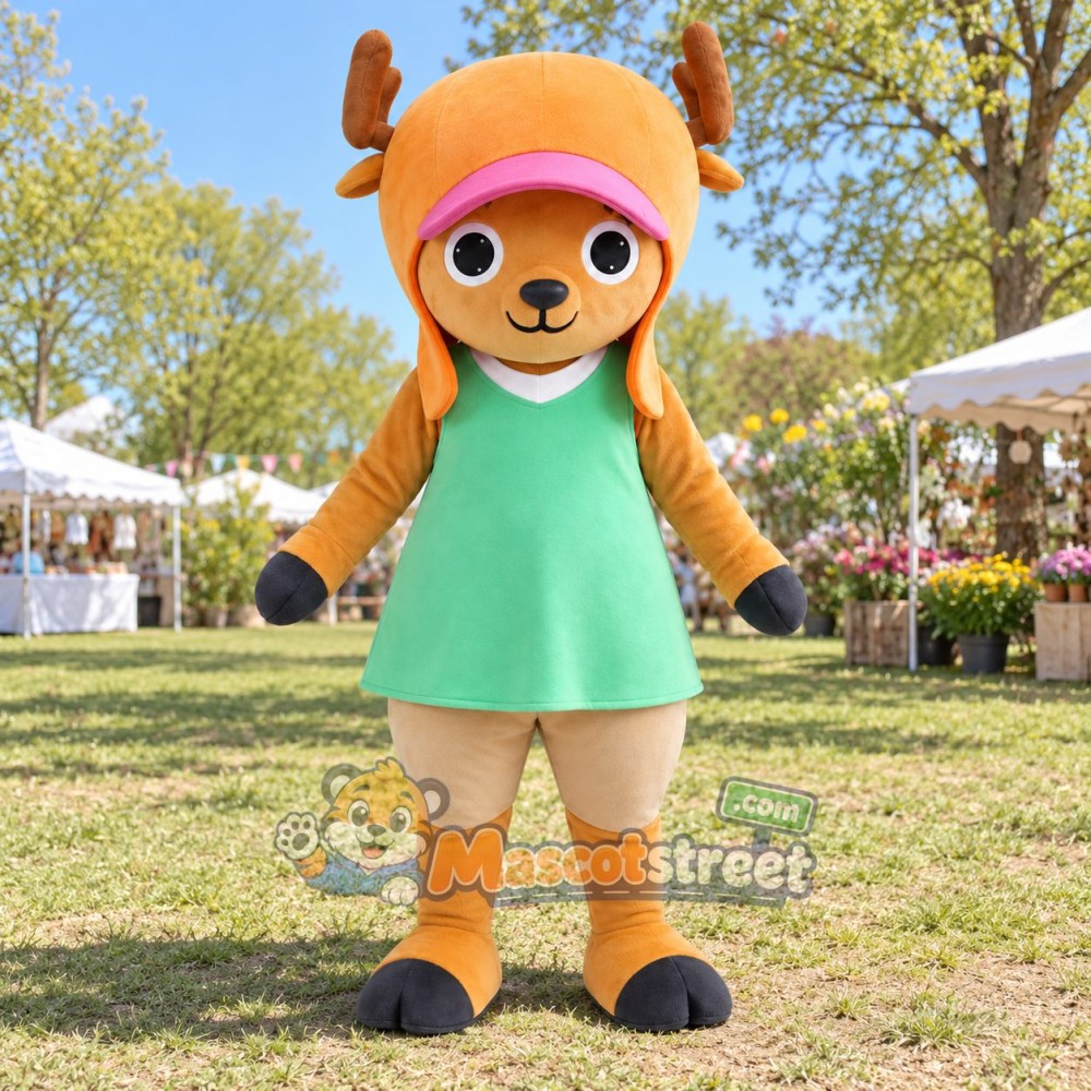 Tan Deer Mascot Costume with Green Dress and Pink Visor Tan Deer Mascot Costume with Green Dress and Pink Visor