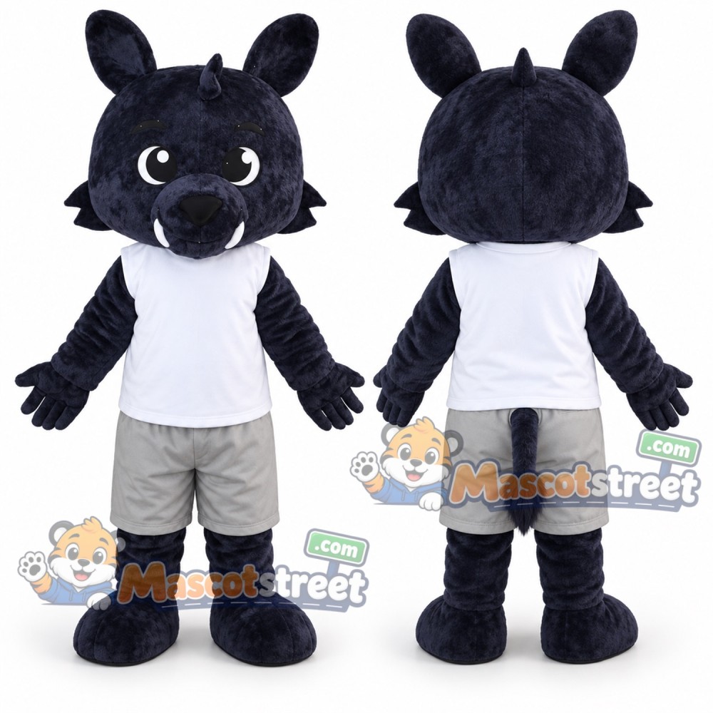 Black Wolf Mascot Costume with White Shirt and Gray Shorts Black Wolf Mascot Costume with White Shirt and Gray Shorts