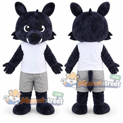 Black Wolf Mascot Costume with White Shirt and Gray Shorts Black Wolf Mascot Costume with White Shirt and Gray Shorts