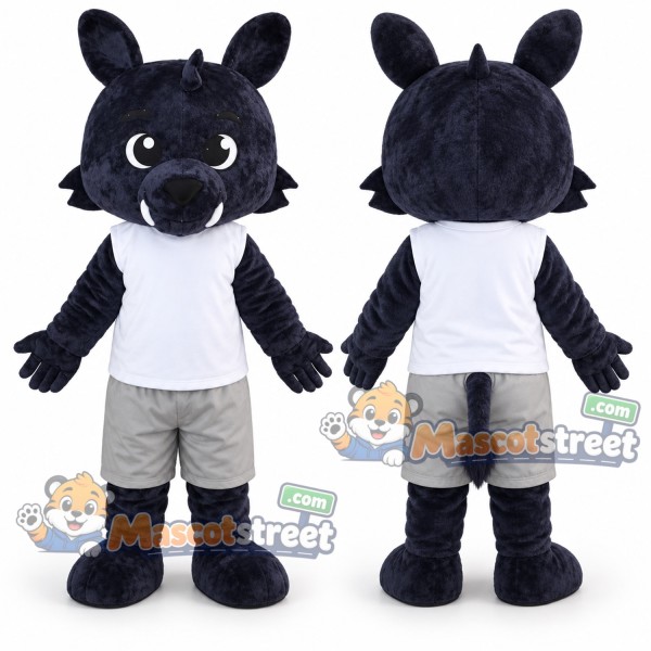 Black Wolf Mascot Costume with White Shirt and Gray Shorts