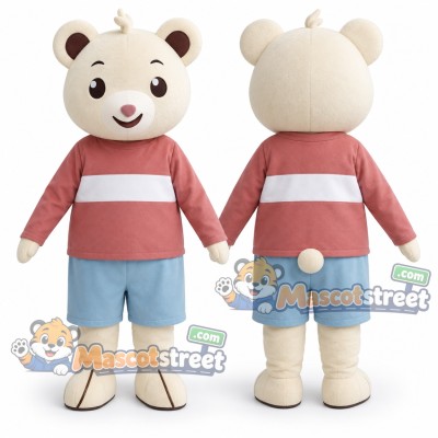 Cream Bear Mascot Costume with Salmon Striped Sweater and Light Blue Shorts