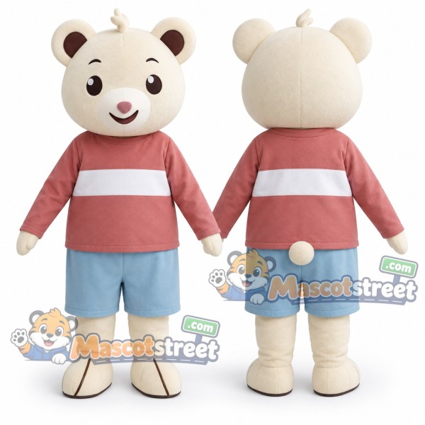 Cream Bear Mascot Costume with Salmon Striped Sweater and Light Blue Shorts