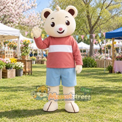 Cream Bear Mascot Costume with Salmon Striped Sweater and Light Blue Shorts Cream Bear Mascot Costume with Salmon Striped Sweater and Light Blue Shorts