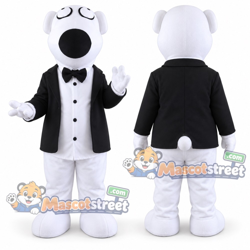 White Polar Bear Mascot Costume with Black Tuxedo Jacket and Bow Tie White Polar Bear Mascot Costume with Black Tuxedo Jacket and Bow Tie