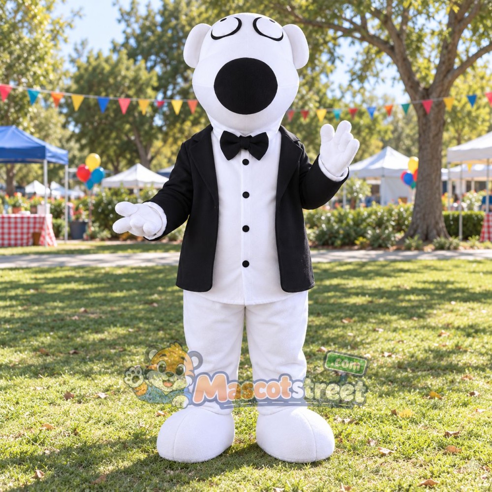 White Polar Bear Mascot Costume with Black Tuxedo Jacket and Bow Tie