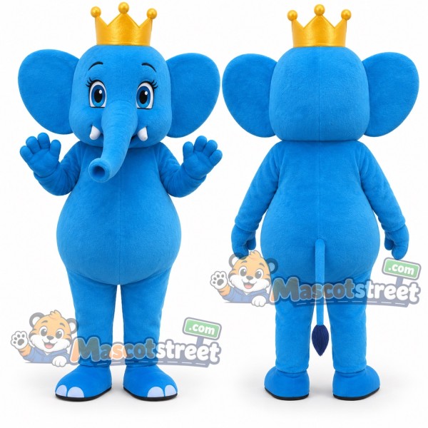 Blue Elephant King Mascot Costume with Crown