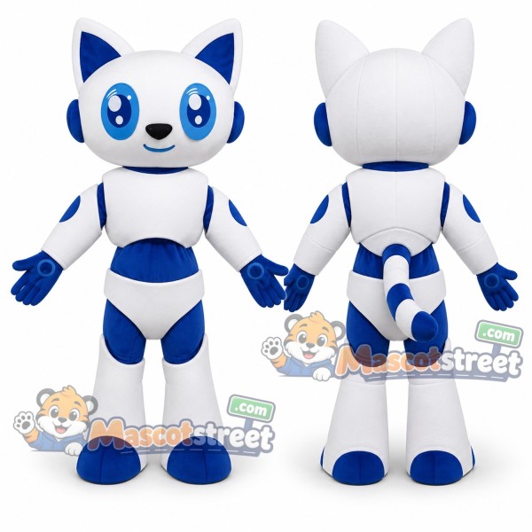 White and Blue Robot Dog Mascot Costume