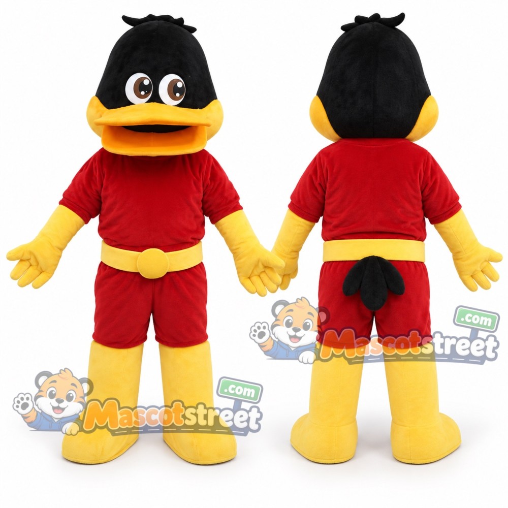 Black Duck Mascot Costume with Red Shirt and Shorts Black Duck Mascot Costume with Red Shirt and Shorts