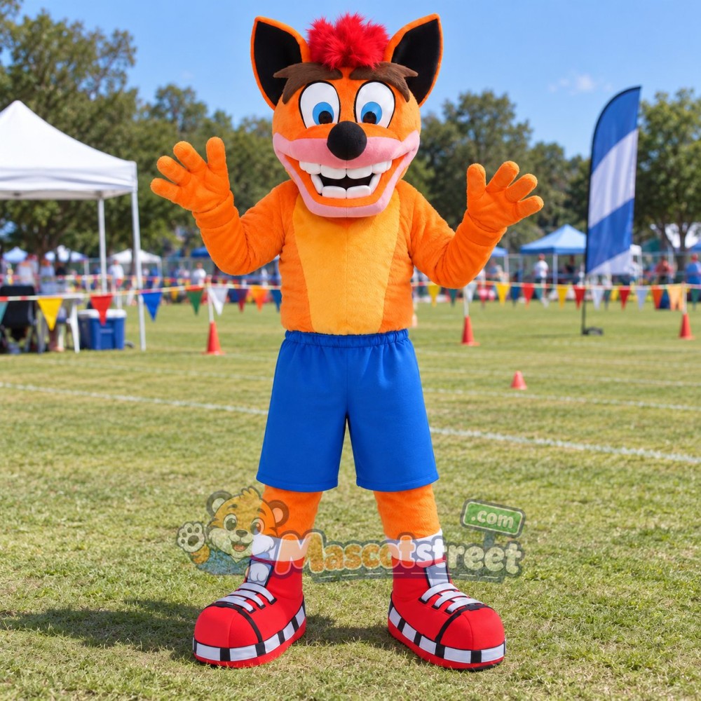 Orange Fox Mascot Costume with Orange Shirt and Blue Shorts Orange Fox Mascot Costume with Orange Shirt and Blue Shorts
