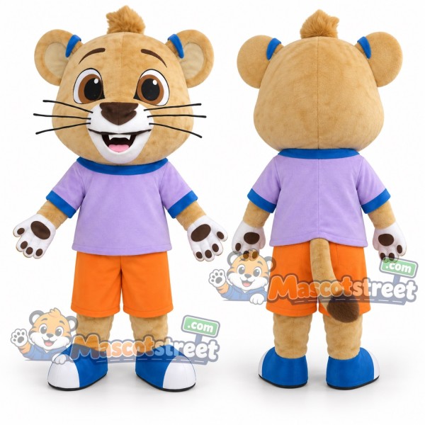 Tan Tiger Mascot Costume with Purple Shirt and Orange Shorts