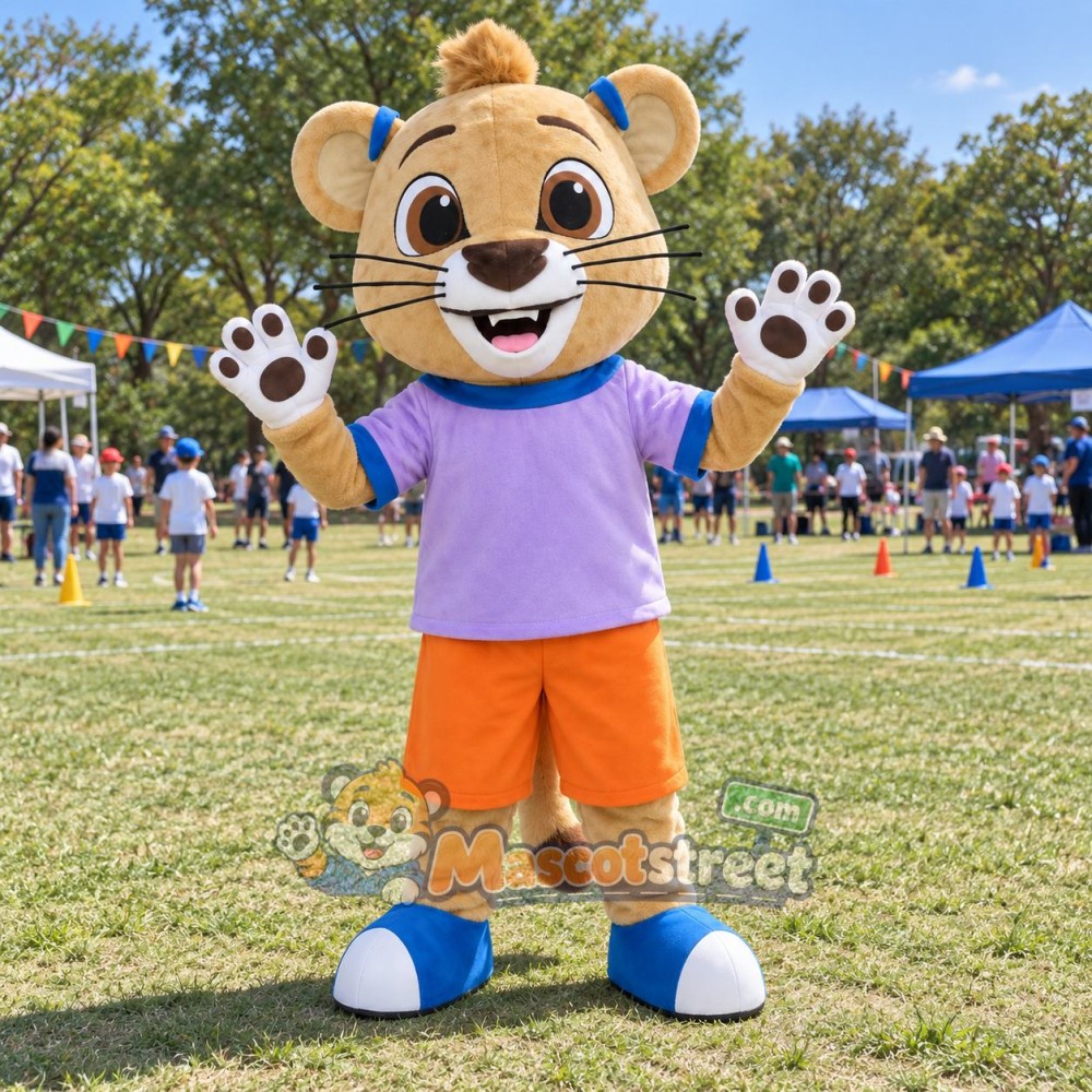 Tan Tiger Mascot Costume with Purple Shirt and Orange Shorts Tan Tiger Mascot Costume with Purple Shirt and Orange Shorts