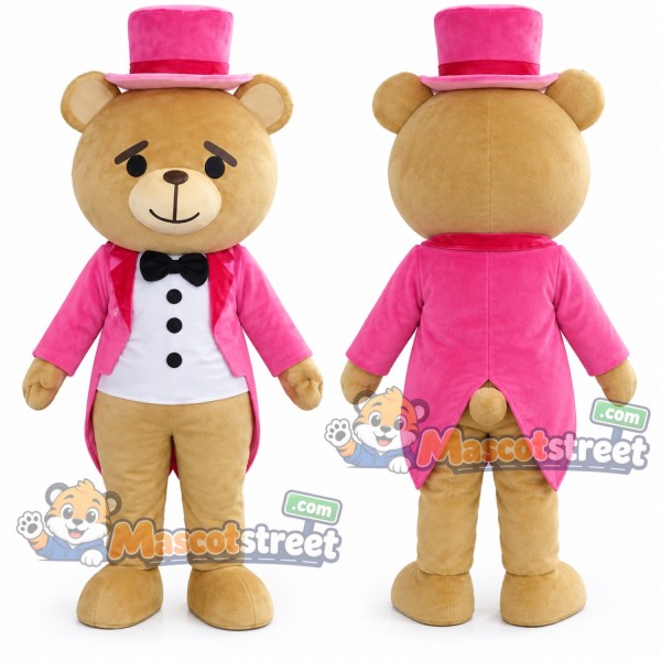 Tan Bear Mascot Costume with Pink Tailcoat and Top Hat