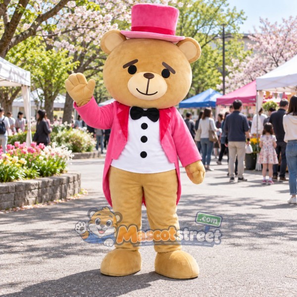 Tan Bear Mascot Costume with Pink Tailcoat and Top Hat