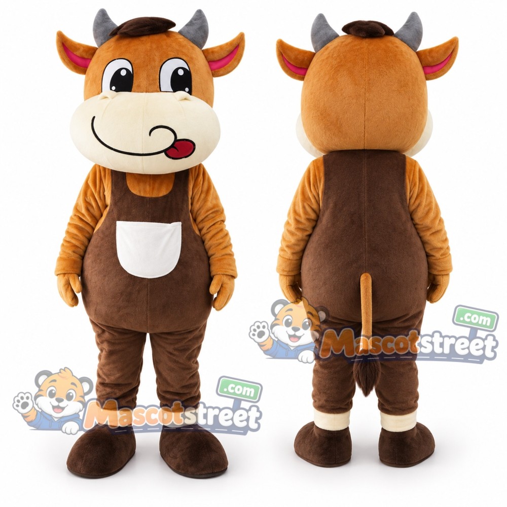Brown Cow Mascot Costume with Brown Overalls