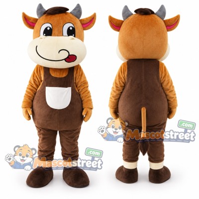 Brown Cow Mascot Costume with Brown Overalls