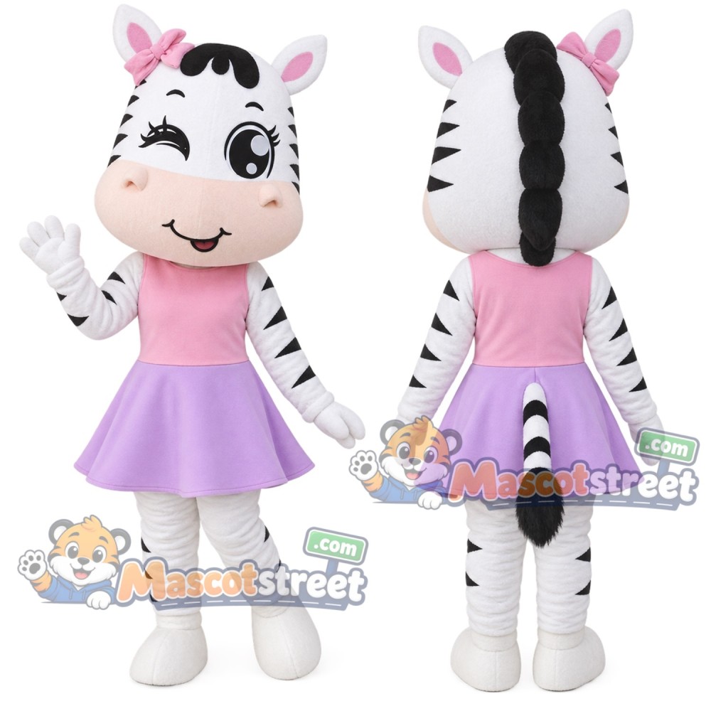 White Zebra Mascot Costume with Pink Shirt and Purple Skirt White Zebra Mascot Costume with Pink Shirt and Purple Skirt