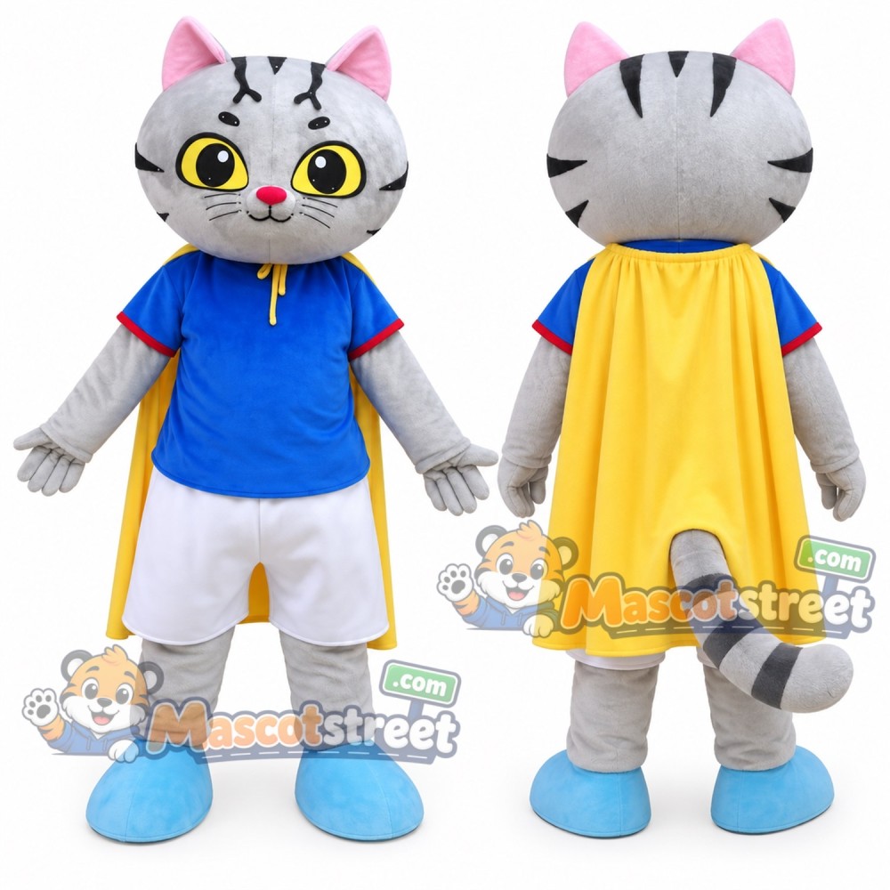 Gray Cat Superhero Mascot Costume with Blue Shirt, White Shorts and Yellow Cape Gray Cat Superhero Mascot Costume with Blue Shirt, White Shorts and Yellow Cape