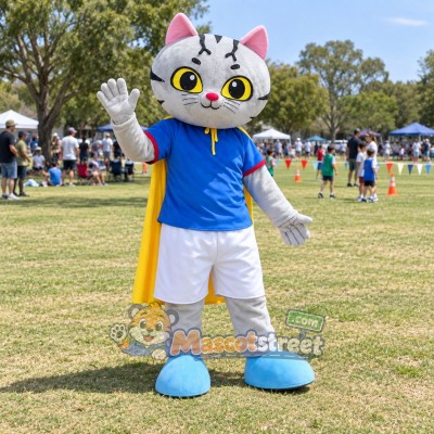 Gray Cat Superhero Mascot Costume with Blue Shirt, White Shorts and Yellow Cape