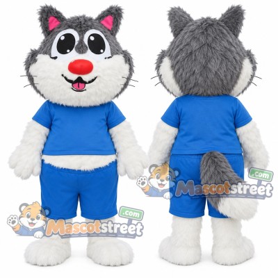 Gray and White Wolf Mascot Costume with Blue Shirt and Shorts Gray and White Wolf Mascot Costume with Blue Shirt and Shorts