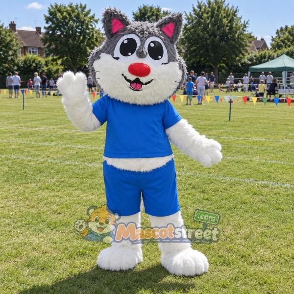 Gray and White Wolf Mascot Costume with Blue Shirt and Shorts